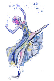 Watercolor illustration of a ballerina. She is wearing a blue gown with her arms in the air reaching towards the stars