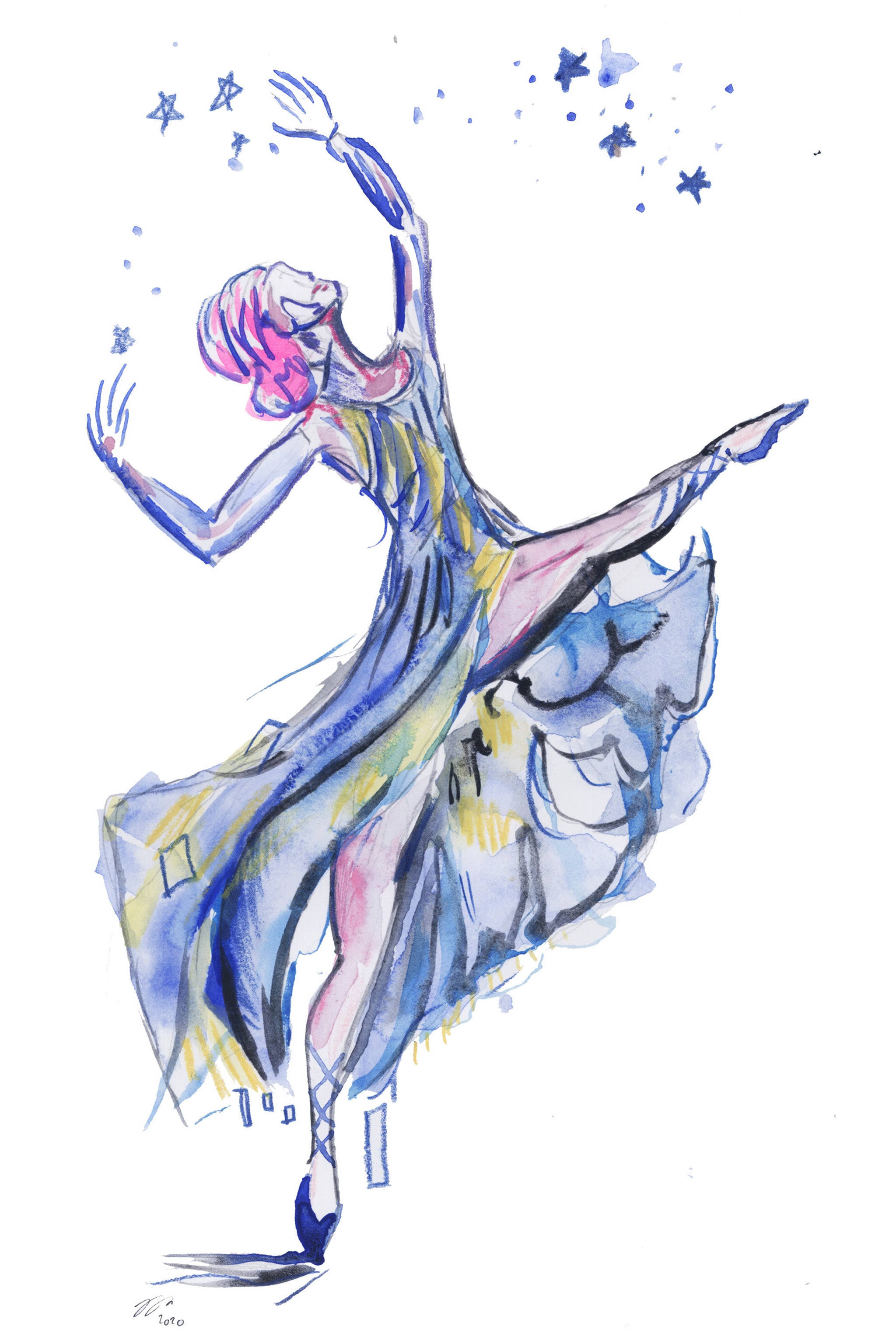 Watercolor illustration of a ballerina. She is wearing a blue gown with her arms in the air reaching towards the stars